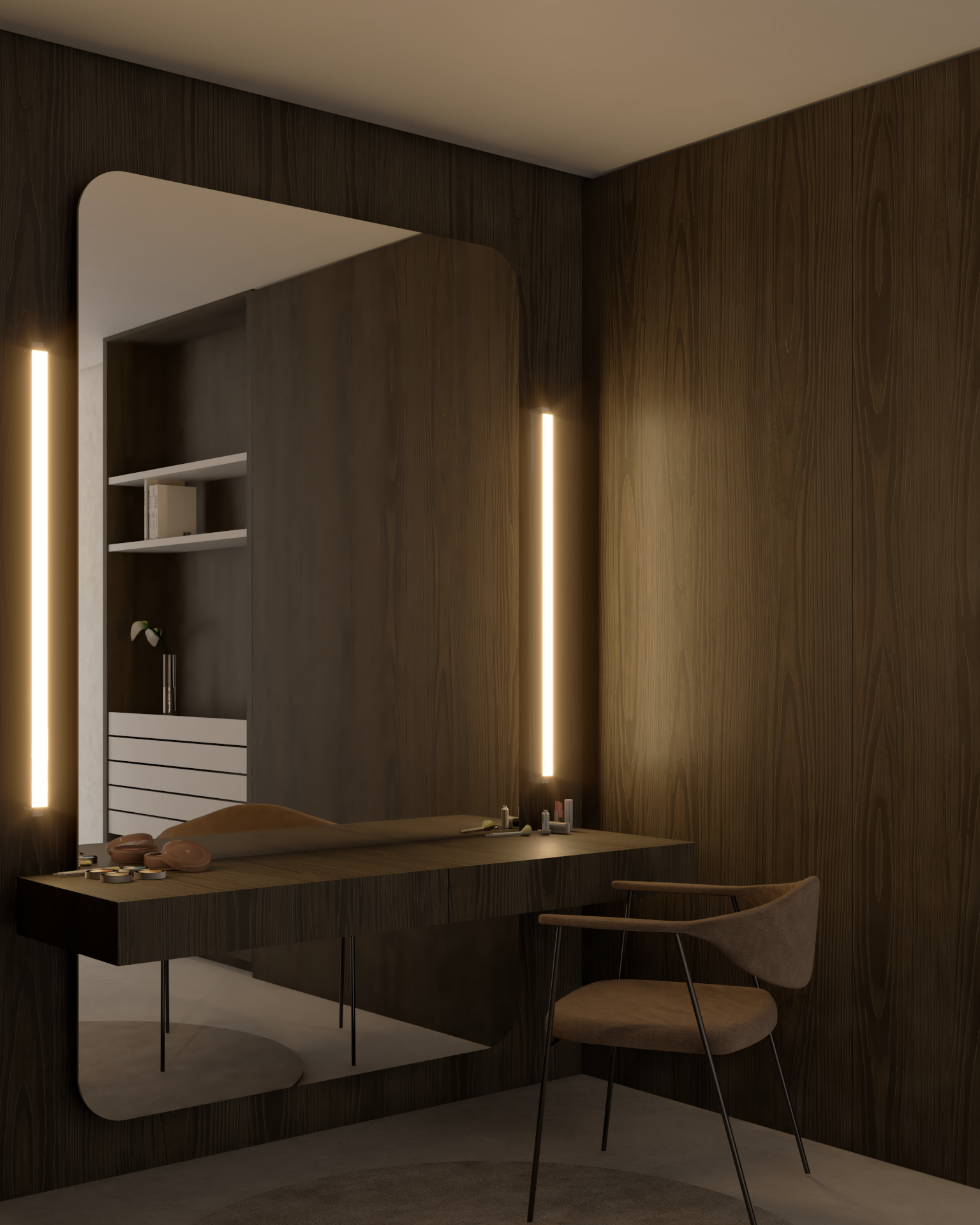 Arandela moderna fio 50cm instalada em parede de ambiente interno, iluminando com luz suave e decorando espaço sofisticado com mesa de mármore e prateleiras ao fundo.